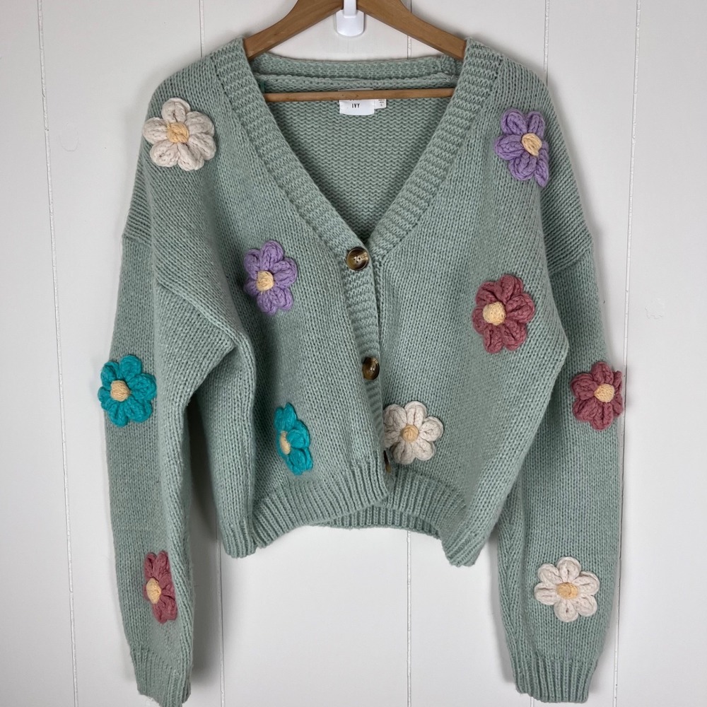 Anthropologie Luna Ivy Chunky Crochet 3D Knit Floral Cardigan Sz Large Cropped